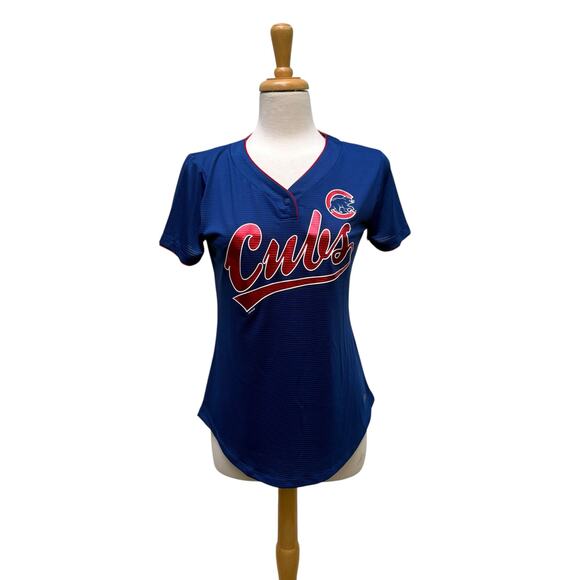 Chicago Cubs Shirt WMN Sm TX3 Cool Blue Red Metallic Snap Collar Short Slv MLB - Picture 1 of 11